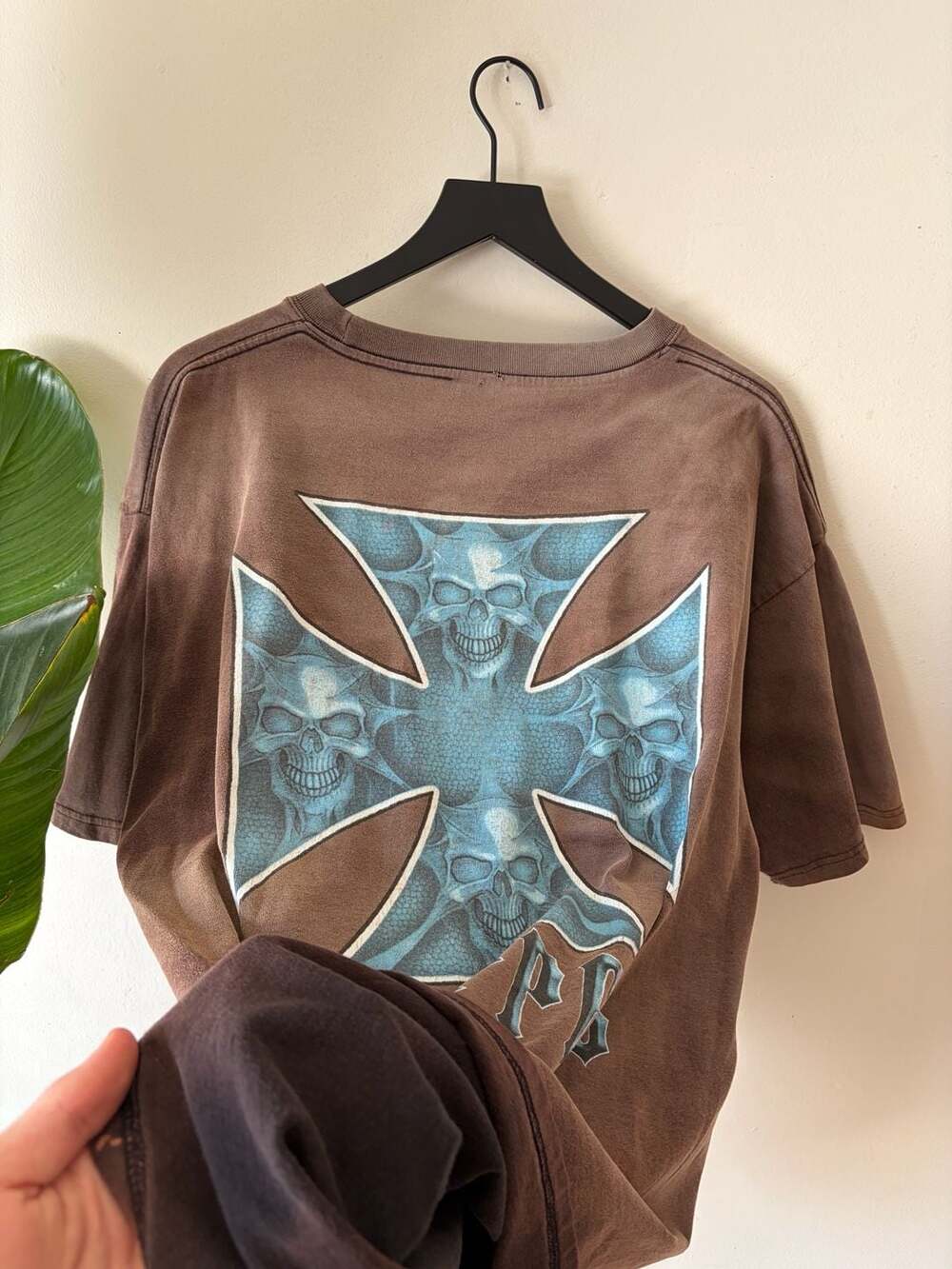 West Coast Choppers faded distressed Skull Graphic T-Shirt Brown Vintage